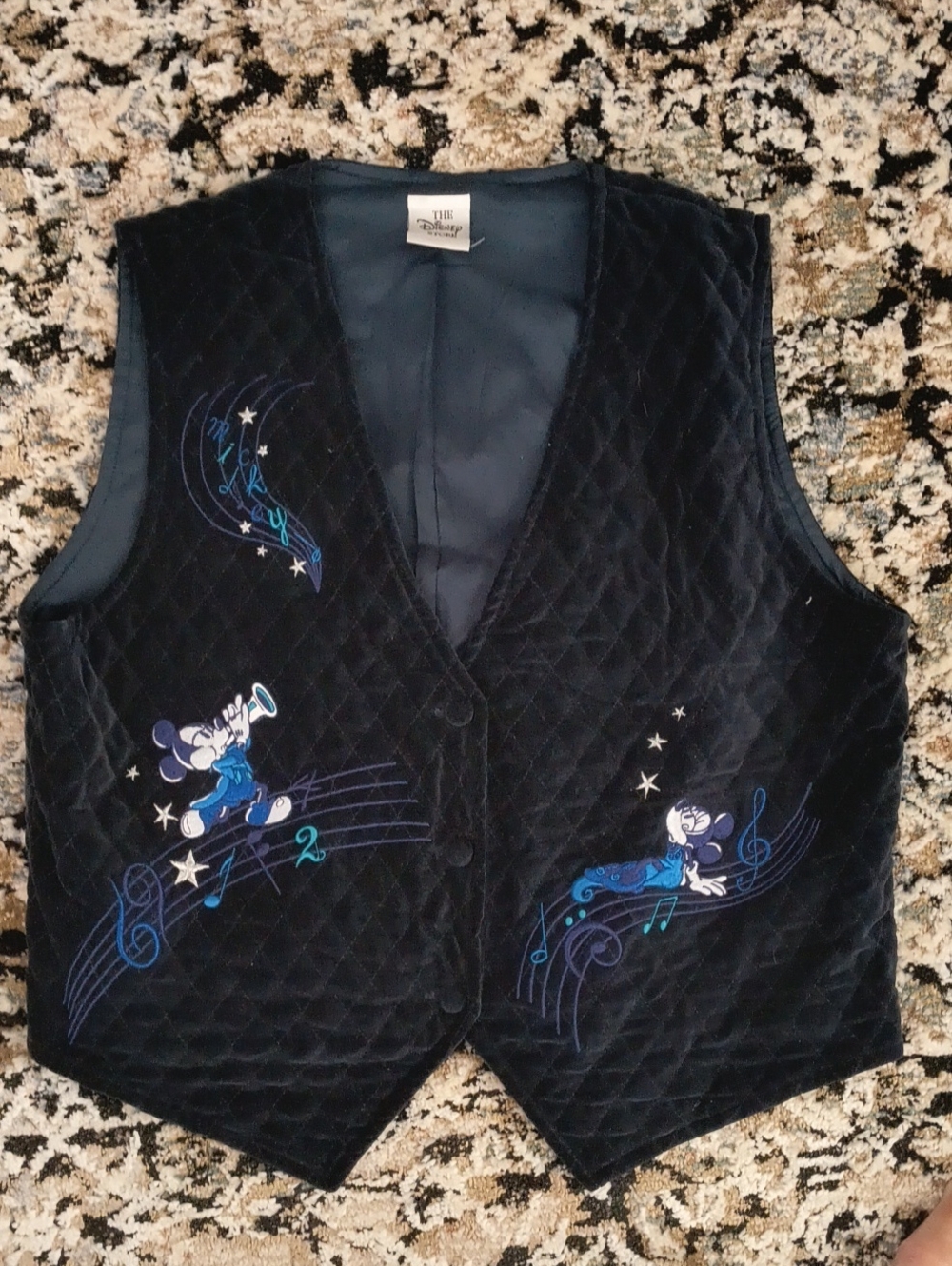 Disney Black Velvet Quilted Mickey Mouse Music Vest with Blue Embroidery